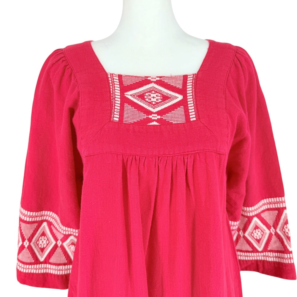 Irene Herbert's VTG 70s Red Cotton Embroidered Boho Midi Dress Square Neck Large - Picture 3 of 8